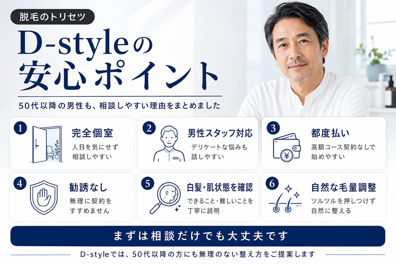 50代以降の男性がD-styleでメンズ脱毛を相談しやすい安心ポイント