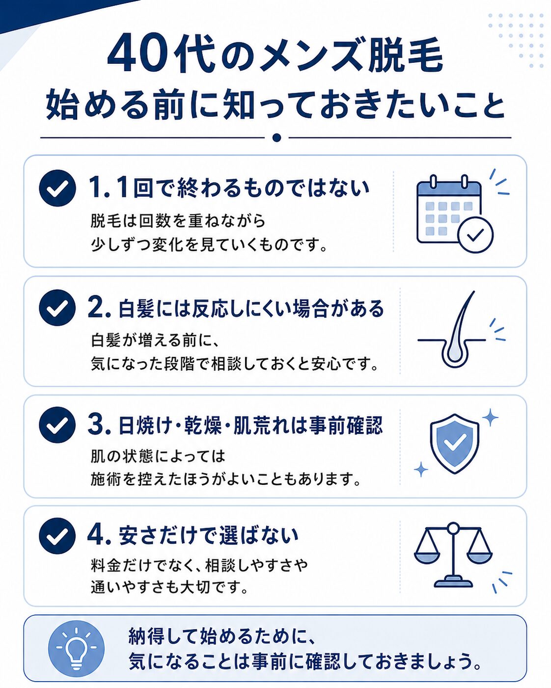 40代男性がメンズ脱毛を始める前に知っておきたい注意点をまとめたチェック画像