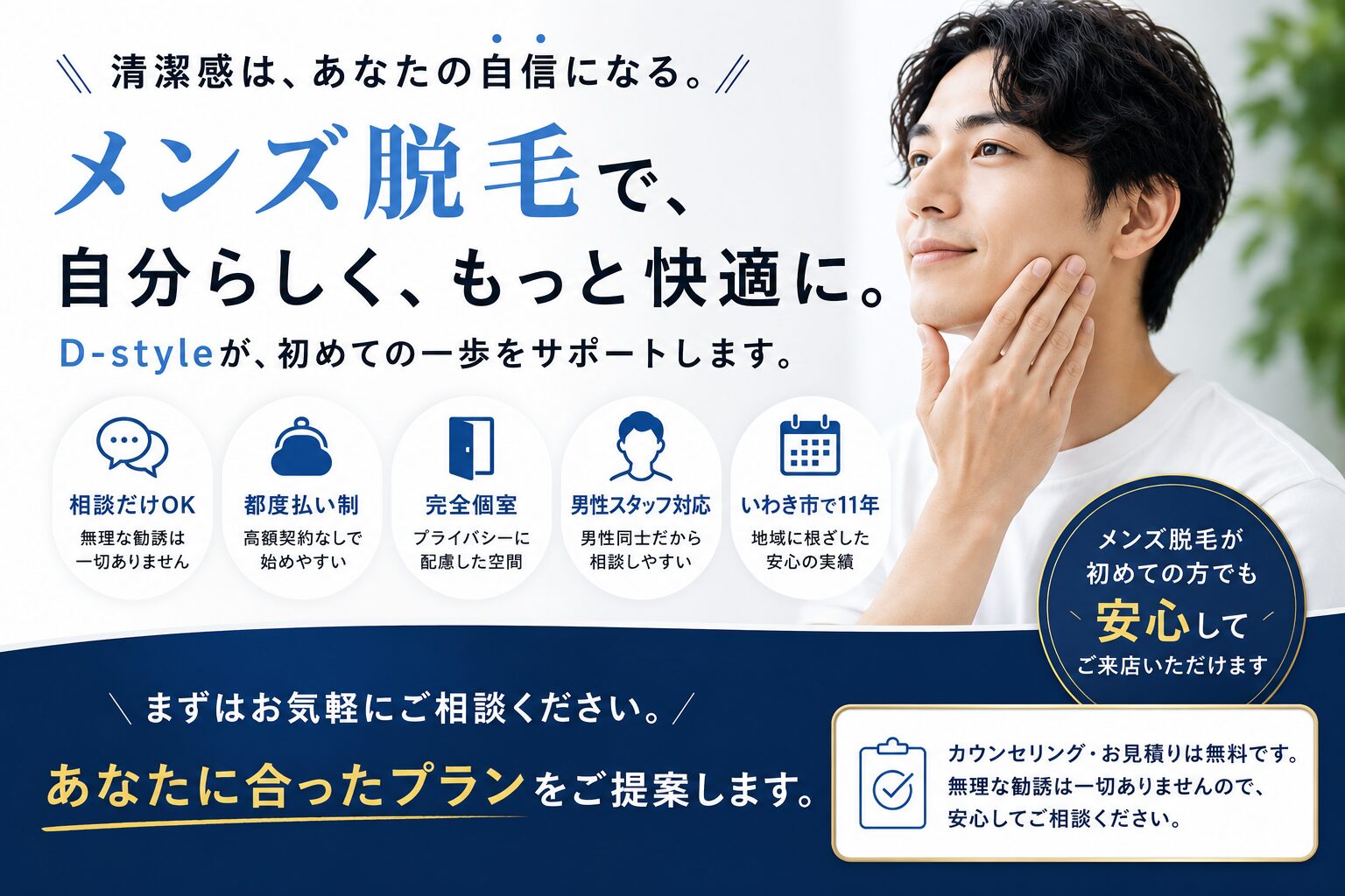 メンズ脱毛が初めての方に向けて、相談だけOK・都度払い・完全個室・男性スタッフ対応などD-styleの安心ポイントを伝えるクロージング画像